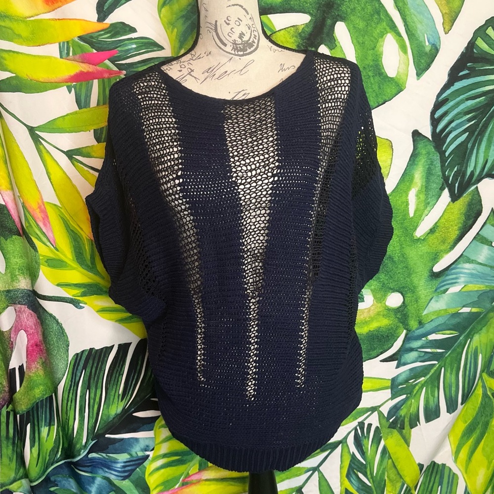 TRINA Turk XS Crochet Cap Sleeve Sheer Office Fall Grunge Stretchy Blue Sweater